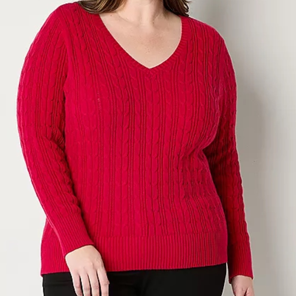 Women’s ST. JOHN’S BAY RED CABLE KNIT V-NECK SWEATER 2X NWT